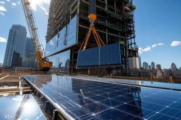 A crane is lifting solar panels onto a high-rise building under construction, highlighting the integration of renewable energy in modern architecture and urban development.