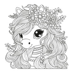 Portrait of a cute pony whose mane is decorated with flowers. Coloring for children and adults. Art therapy.