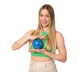 Young smiling happy fun geography student woman wearing stylish casual green top white holding in palms Earth world globe isolated on transparent background studio portrait.