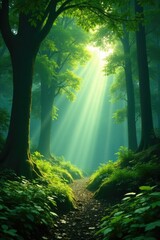 Fototapeta premium Emerald forest bathed in sunlight filtering through trees, shade, filter