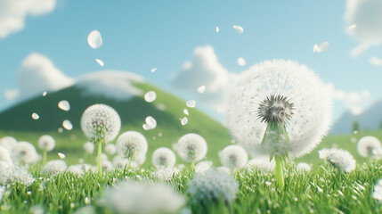 Obraz premium A vibrant field of yellow dandelions stretches toward a gentle hill in the background, capturing the beauty of nature. Perfect for outdoor, spring, and botanical-themed projects.