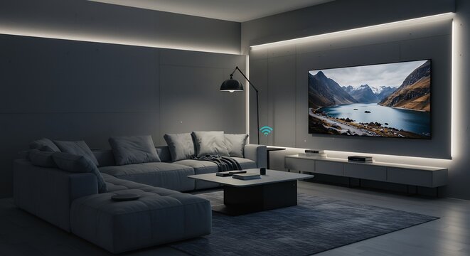 Modern living room illuminated with led lighting and large tv