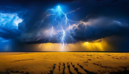 yellow and blue thunder striking on a surface dark cloud sky storm