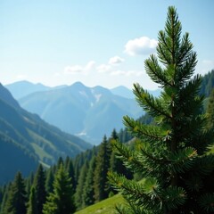 Fototapeta premium Foliage of long-leaved spruce sways gently in wind, mountain, pine, green