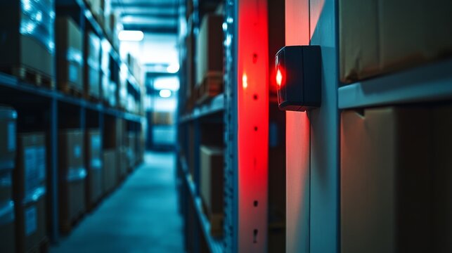 Thief alert on a motion detector in a warehouse. Featuring monitoring and immediate action