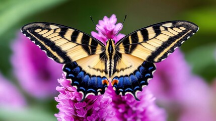 Bright butterflies fluttering around vibrant purple flowers in a sunny garden setting