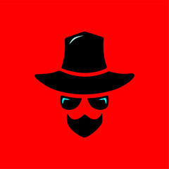 Mysterious Man in Hat and Sunglasses Vector Logo. A sleek vector illustration of a mysterious figure wearing a wide-brim hat, sunglasses, and a beard on a bold red background. 