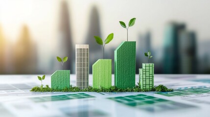 Miniature green buildings rise from a blueprint, representing corporate commitment to environmental sustainability. This creative display emphasizes the importance of ESG reporting