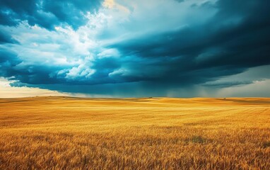 Obraz premium Dramatic stormy sky over an open prairie with golden wheat fields