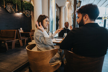 A group of multiracial business coworkers engaging in a friendly conversation inside a modern cafe.