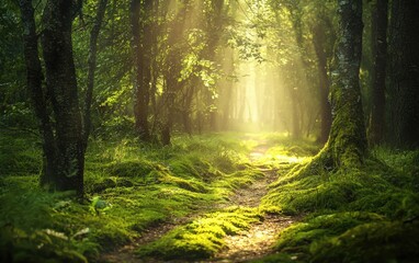 Obraz premium Dreamy forest path covered in soft moss and sunlight