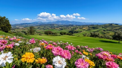 Fototapeta premium Hills bathed in soft light with vibrant flowers blooming under a clear blue sky during midday