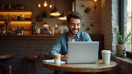 Smiling Man working on laptop in cafe, Man using laptop
