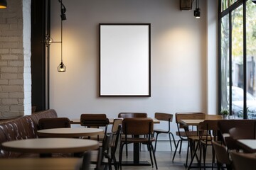 Fototapeta premium mockup of an empty, blank poster frame on the wall in an urban coffee shop, with white walls, black trim, and brown leather seating.