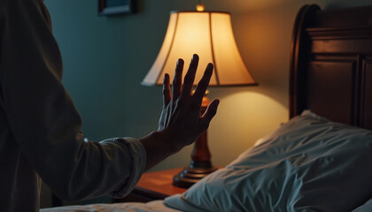 A person reaches out to switch off their bedside lamp, participating in Earth Hour by reducing electricity usage and embracing sustainable living.