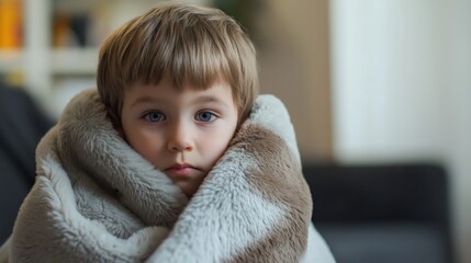 Little boy wrapped in warm blanket indoors