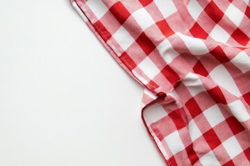 Red and white checkered tablecloth, white background, flat lay. A red gingham-patterned cloth folded neatly on top of the solid-color surface. Image isolated on a transparent background.