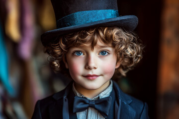 Curly-haired child in a tuxedo and top hat with a blue ribbon, looking directly at the camera against a blurred background.