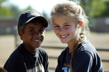 Two children outdoors smiling at the camera, one wearing a cap and the other with braided hair.