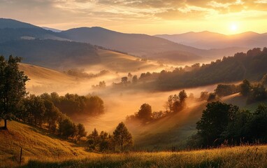 Golden sunrise illuminating a misty valley with rolling hills