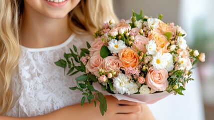 Naklejka premium Daughter joyfully presents a bouquet of flowers during a special family gathering at home in a bright and cheerful atmosphere