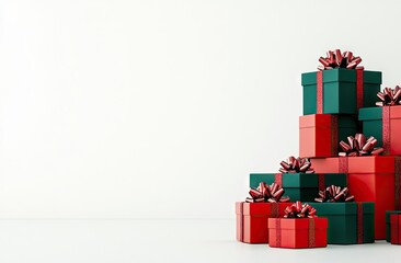 Christmas presents stacked against white wall