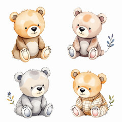 Fototapeta premium Teddy bear watercolor element set, transparent background