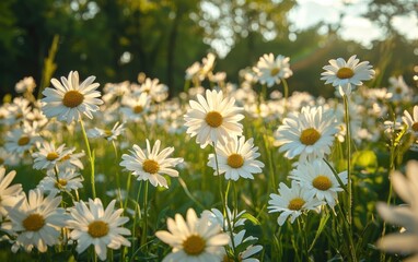 Idyllic field of daisies swaying gently in a spring breeze