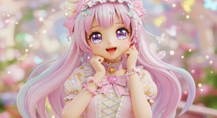 Fototapeta premium Anime Girl Smiling in Pastel Colors with Hearts and Butterfly Accents