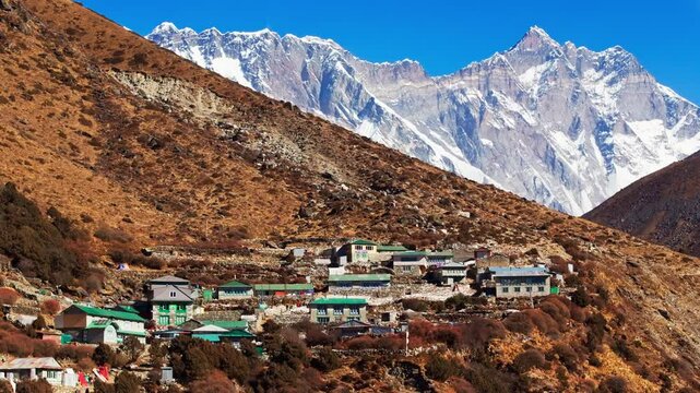 Mountain village Shomare revealing stunning panoramic views of Mount Everest, capturing rugged Himalayan terrain and tranquil Nepalese alpine scenery
