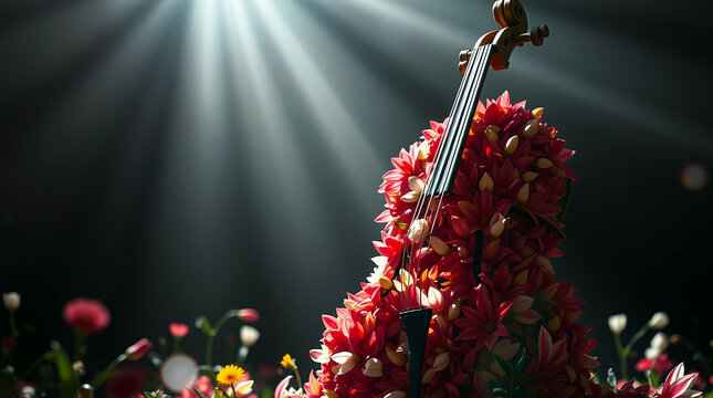 Ein Cello mit Bl&uuml;ten von bunten Blumen. Fr&uuml;hlingserwachen.