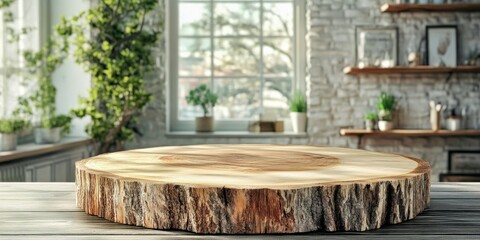 Fototapeta premium Rustic decor features a natural wooden slab. Wooden slab adds rustic charm to interiors. Cozy home with light elements and houseplants. Ideal for home design with nature indoors.