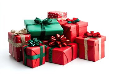 Obraz premium Christmas presents piled high on white background