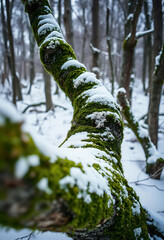 Fototapeta premium Snow Covered Branch with Green Moss Overlooking Winter Forest Scenery