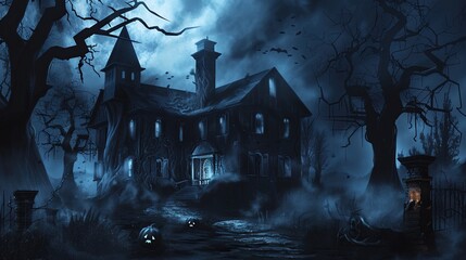 Fototapeta premium Eerie Haunted House Horror Scene Background with Spooky Atmosphere, Creepy Victorian Mansion, Ghostly Shadows, and Halloween Decoration for Dark Fantasy Design
