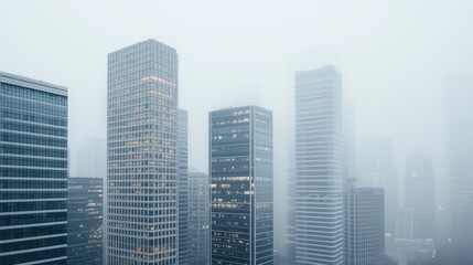 Fototapeta premium Foggy city skyline, skyscrapers, urban landscape, morning mist