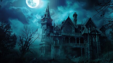 Obraz premium Eerie Haunted House Horror Scene Background with Spooky Atmosphere, Creepy Victorian Mansion, Ghostly Shadows, and Halloween Decoration for Dark Fantasy Design