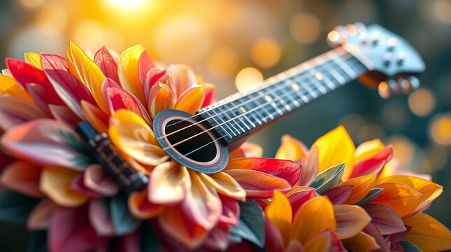 Eine Gitarre mit Bl&uuml;ten von bunten Blumen. Fr&uuml;hlingserwachen.