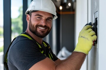 A smiling electrician is seen installing a wall switch, exuding confidence, expertise, and attention to detail in electrical work within a contemporary setting.