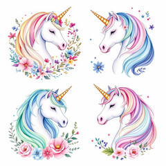 Set watercolor unicorns in pink and purple colors.  © Watercol