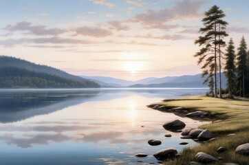 Serene lakeside view at sunrise with gentle mist over calm waters and lush greenery