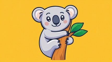 Fototapeta premium Adorable Pixel Art Koala on Tree Branch, Yellow Background