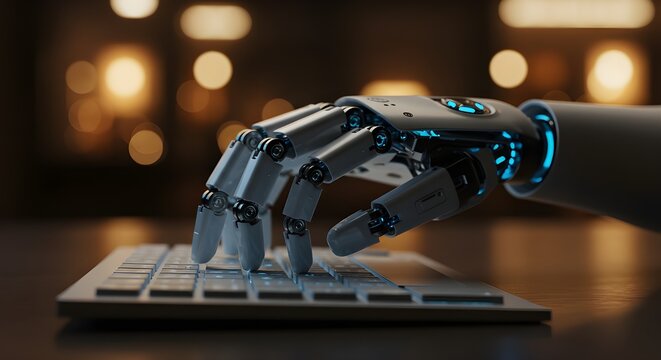 Mano robot escribiendo en la computadora. El concepto de inteligencia artificial que reemplaza a un humano en el trato con otro humano. Ai generativo

