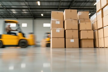 Warehouse scene showcasing yellow forklifts moving swiftly among