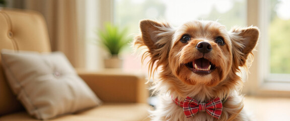 Groomed Yorkshire terrier with bow tie indoors, National Pet Day joy