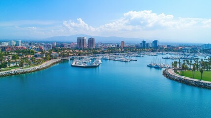 Obraz premium Aerial Panorama of Long Beach City: Scenic Harbor View with Urban Skyline and Architectural Wonders