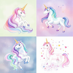 A set of three adorable watercolor unicorns. Ideal for birthday cards, weddings, invitations, templates, children's parties, greetings, logos, wallpapers	
