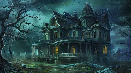 Obraz premium Eerie Haunted House Horror Scene Background with Spooky Atmosphere, Creepy Victorian Mansion, Ghostly Shadows, and Halloween Decoration for Dark Fantasy Design