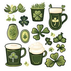 A vibrant collection of green-themed illustrations featuring shamrocks, beer mugs, and plant motifs, perfect for St. Patrick's Day celebrations.