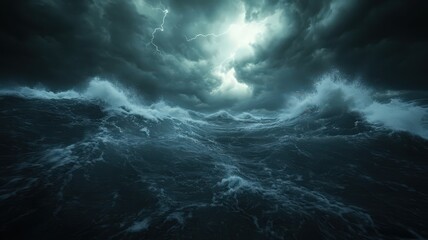 Fototapeta premium Dark Stormy Sea with Dramatic Clouds and Bright Light